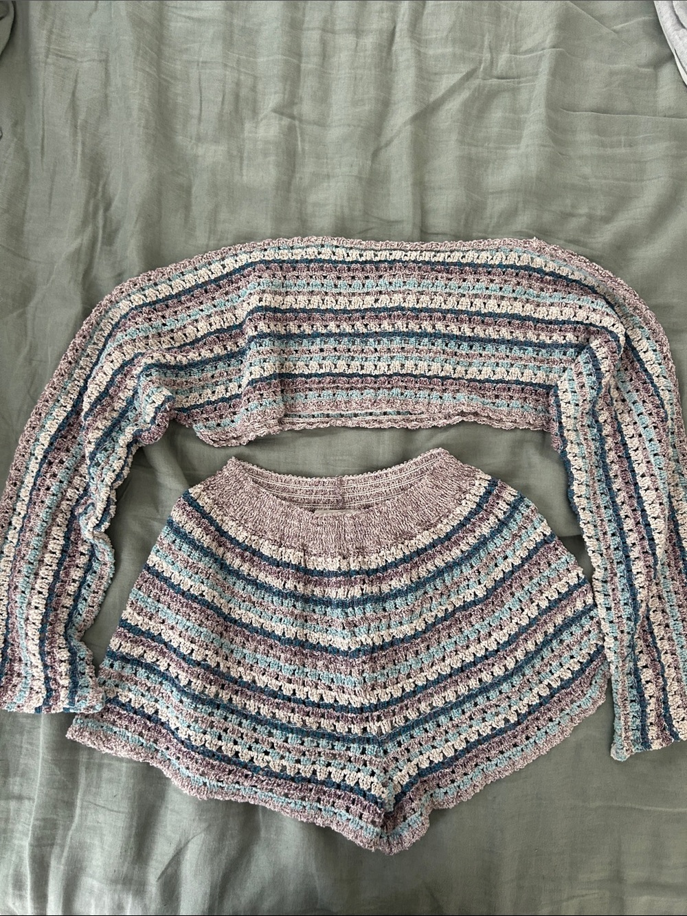 Striped Crochet Knit Two-Piece Bathing suit cover up Sweater Set in Blush & Blue